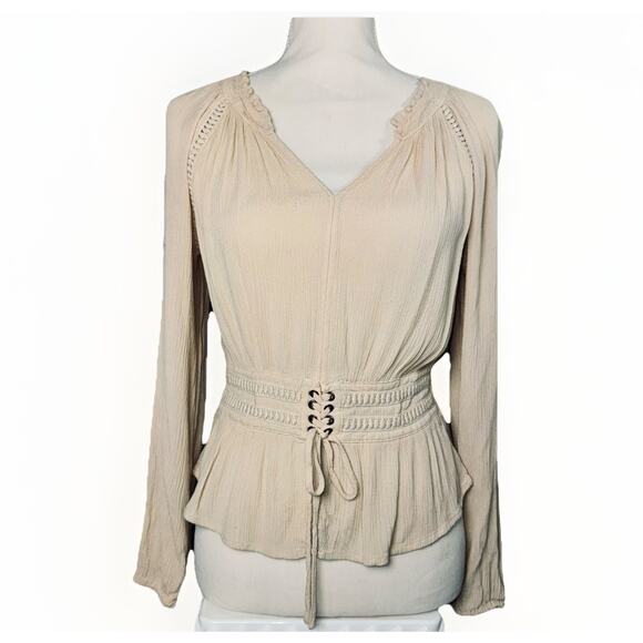 Peasant Boho Ivory Small Blouse Corset Cinch Tie Waist Blouse Long Sleeve Pirate - Picture 1 of 8